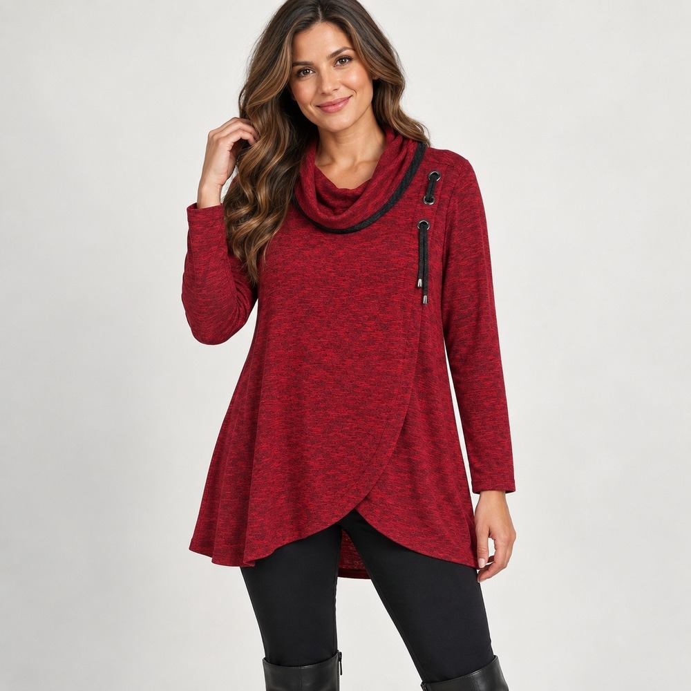 Ali Miles Women M Red Space Dye Cowl Neck Tulip Hem Tunic Boho Lagenlook Stretch